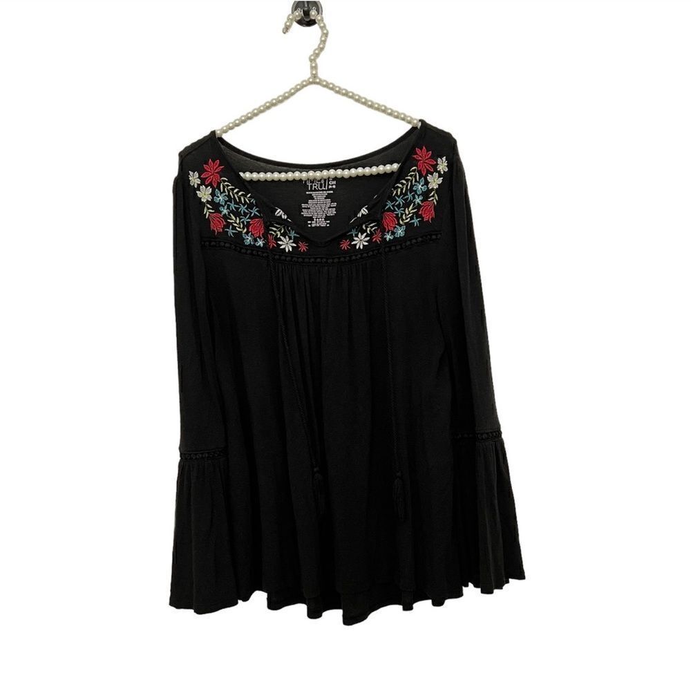 Time and Tru Black Long Bell Sleeve Floral Embroidered Blouses Western Small